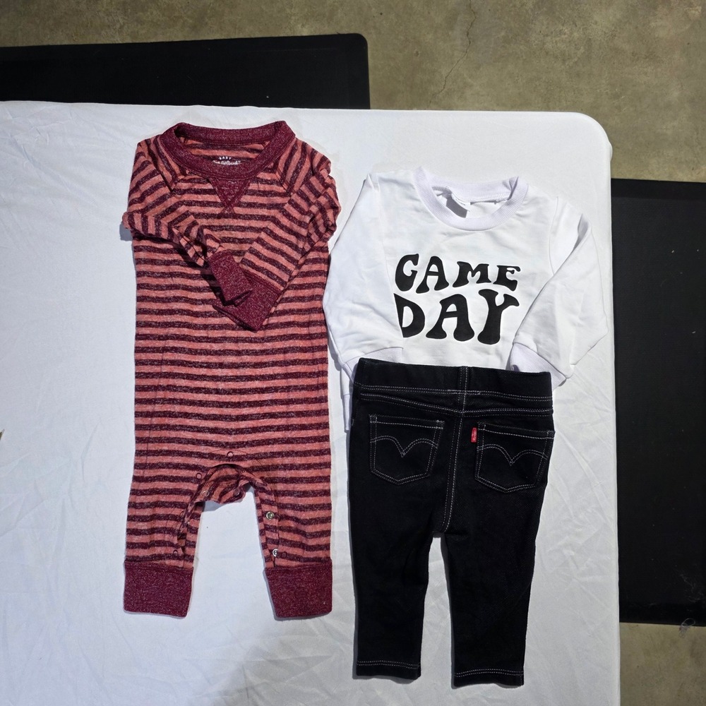 Baby Boy Bundle Baby Gap Striped Romper Game Day Sweatshirt Levi's Jeans Set